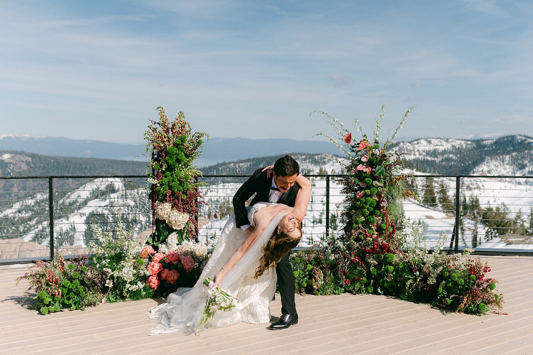 Wedding florals by Golden Flowers at Palisades Tahoe High Camp, Lake Tahoe